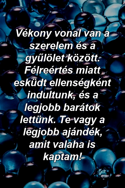 Vékony vonal van a szerelem és a gyűlölet között. Félreértés miatt esküdt ellenségként indultunk, és a legjobb barátok lettünk. Te vagy a legjobb ajándék, amit valaha is kaptam!