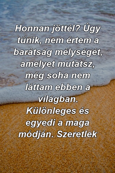 Honnan jöttél? Úgy tűnik, nem értem a barátság mélységét, amelyet mutatsz, még soha nem láttam ebben a világban. Különleges és egyedi a maga módján. Szeretlek