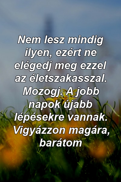 Nem lesz mindig ilyen, ezért ne elégedj meg ezzel az életszakasszal. Mozogj. A jobb napok újabb lépésekre vannak. Vigyázzon magára, barátom