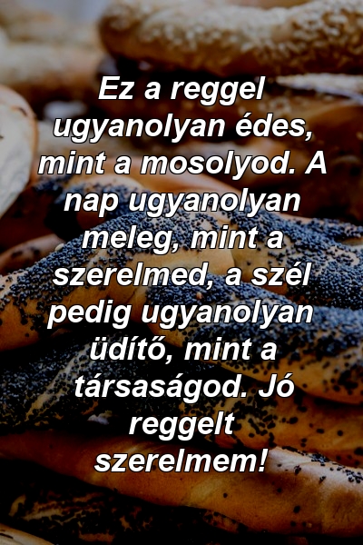 Ez a reggel ugyanolyan édes, mint a mosolyod. A nap ugyanolyan meleg, mint a szerelmed, a szél pedig ugyanolyan üdítő, mint a társaságod. Jó reggelt szerelmem!