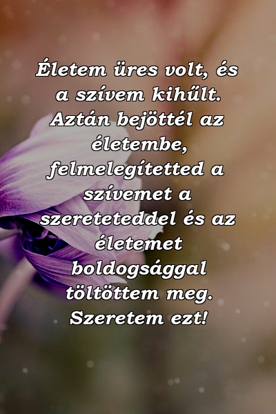 Életem üres volt, és a szívem kihűlt. Aztán bejöttél az életembe, felmelegítetted a szívemet a szereteteddel és az életemet boldogsággal töltöttem meg. Szeretem ezt!