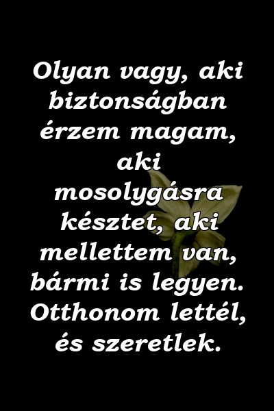 Olyan vagy, aki biztonságban érzem magam, aki mosolygásra késztet, aki mellettem van, bármi is legyen. Otthonom lettél, és szeretlek.