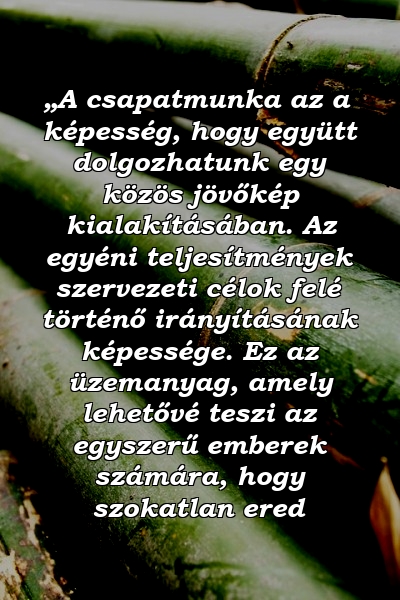 „A csapatmunka az a képesség, hogy együtt dolgozhatunk egy közös jövőkép kialakításában. Az egyéni teljesítmények szervezeti célok felé történő irányításának képessége. Ez az üzemanyag, amely lehetővé teszi az egyszerű emberek számára, hogy szokatlan ered