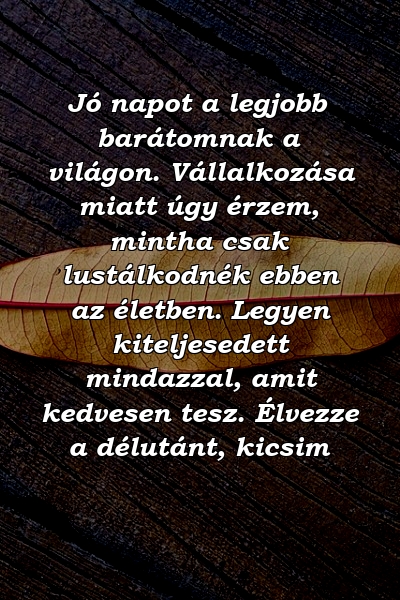 Jó napot a legjobb barátomnak a világon. Vállalkozása miatt úgy érzem, mintha csak lustálkodnék ebben az életben. Legyen kiteljesedett mindazzal, amit kedvesen tesz. Élvezze a délutánt, kicsim