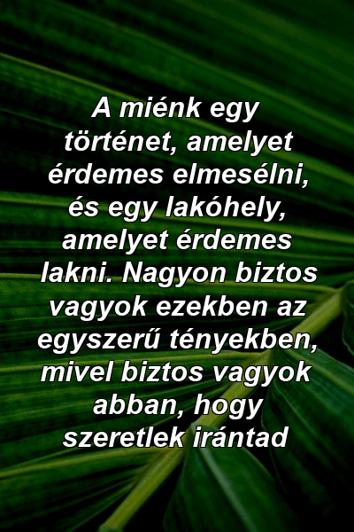 A miénk egy történet, amelyet érdemes elmesélni, és egy lakóhely, amelyet érdemes lakni. Nagyon biztos vagyok ezekben az egyszerű tényekben, mivel biztos vagyok abban, hogy szeretlek irántad