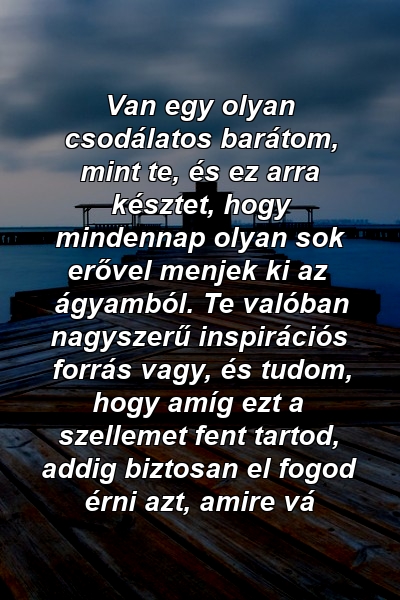 Van egy olyan csodálatos barátom, mint te, és ez arra késztet, hogy mindennap olyan sok erővel menjek ki az ágyamból. Te valóban nagyszerű inspirációs forrás vagy, és tudom, hogy amíg ezt a szellemet fent tartod, addig biztosan el fogod érni azt, amire vá