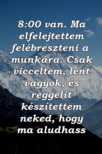 8:00 van. Ma elfelejtettem felébreszteni a munkára. Csak vicceltem, lent vagyok, és reggelit készítettem neked, hogy ma aludhass