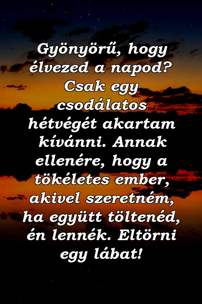 Gyönyörű, hogy élvezed a napod? Csak egy csodálatos hétvégét akartam kívánni. Annak ellenére, hogy a tökéletes ember, akivel szeretném, ha együtt töltenéd, én lennék. Eltörni egy lábat!