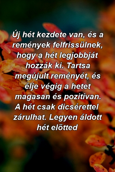 Új hét kezdete van, és a remények felfrissülnek, hogy a hét legjobbját hozzák ki. Tartsa megújult reményét, és élje végig a hetet magasan és pozitívan. A hét csak dicsérettel zárulhat. Legyen áldott hét előtted