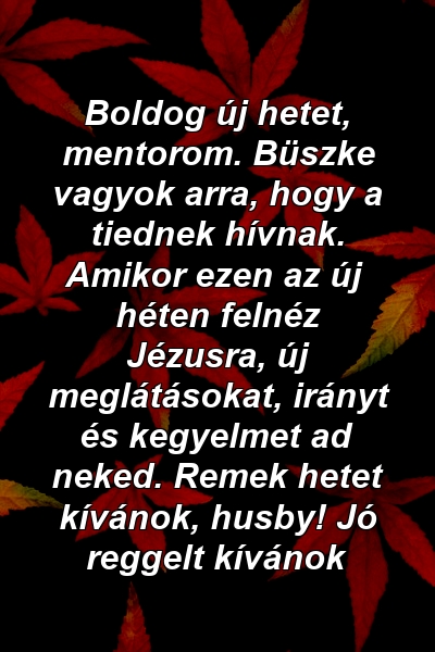 Boldog új hetet, mentorom. Büszke vagyok arra, hogy a tiednek hívnak. Amikor ezen az új héten felnéz Jézusra, új meglátásokat, irányt és kegyelmet ad neked. Remek hetet kívánok, husby! Jó reggelt kívánok