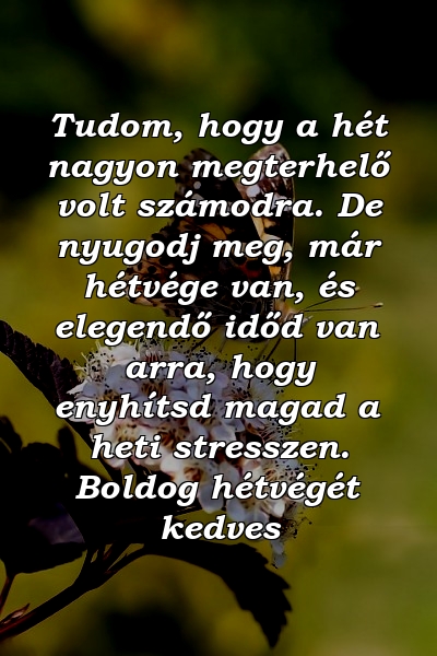 Tudom, hogy a hét nagyon megterhelő volt számodra. De nyugodj meg, már hétvége van, és elegendő időd van arra, hogy enyhítsd magad a heti stresszen. Boldog hétvégét kedves