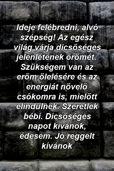 Ideje felébredni, alvó szépség! Az egész világ várja dicsőséges jelenlétének örömét. Szükségem van az erőm ölelésére és az energiát növelő csókomra is, mielőtt elindulnék. Szeretlek bébi. Dicsőséges napot kívánok, édesem. Jó reggelt kívánok