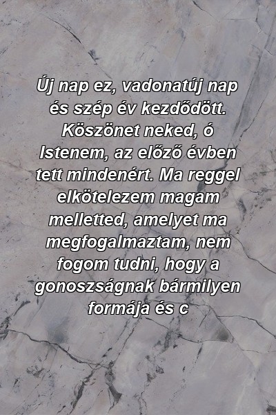 Új nap ez, vadonatúj nap és szép év kezdődött. Köszönet neked, ó Istenem, az előző évben tett mindenért. Ma reggel elkötelezem magam melletted, amelyet ma megfogalmaztam, nem fogom tudni, hogy a gonoszságnak bármilyen formája és c