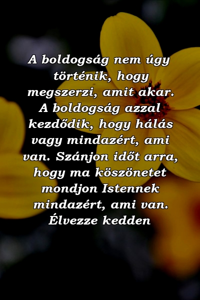 A boldogság nem úgy történik, hogy megszerzi, amit akar. A boldogság azzal kezdődik, hogy hálás vagy mindazért, ami van. Szánjon időt arra, hogy ma köszönetet mondjon Istennek mindazért, ami van. Élvezze kedden