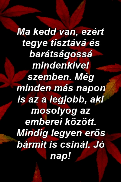 Ma kedd van, ezért tegye tisztává és barátságossá mindenkivel szemben. Még minden más napon is az a legjobb, aki mosolyog az emberei között. Mindig legyen erős bármit is csinál. Jó nap!