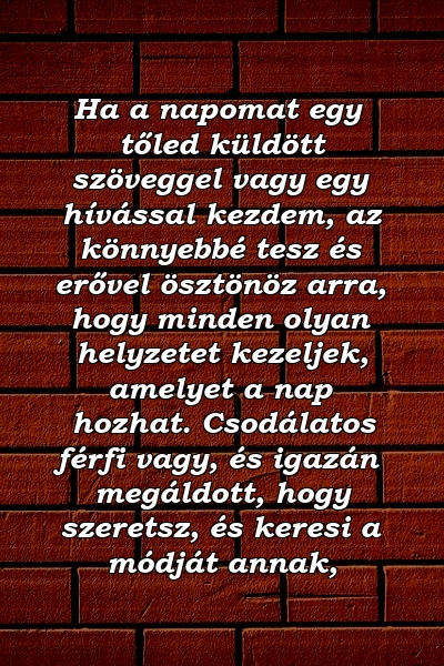 Ha a napomat egy tőled küldött szöveggel vagy egy hívással kezdem, az könnyebbé tesz és erővel ösztönöz arra, hogy minden olyan helyzetet kezeljek, amelyet a nap hozhat. Csodálatos férfi vagy, és igazán megáldott, hogy szeretsz, és keresi a módját annak, 