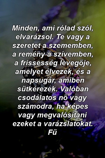 Minden, ami rólad szól, elvarázsol. Te vagy a szeretet a szememben, a remény a szívemben, a frissesség levegője, amelyet élvezek, és a napsugár, amiben sütkérezek. Valóban csodálatos nő vagy számodra, ha képes vagy megvalósítani ezeket a varázslatokat. Fű