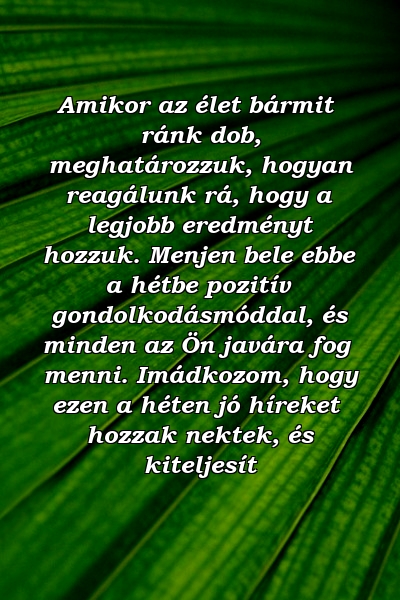 Amikor az élet bármit ránk dob, meghatározzuk, hogyan reagálunk rá, hogy a legjobb eredményt hozzuk. Menjen bele ebbe a hétbe pozitív gondolkodásmóddal, és minden az Ön javára fog menni. Imádkozom, hogy ezen a héten jó híreket hozzak nektek, és kiteljesít