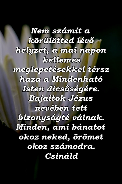 Nem számít a körülötted lévő helyzet, a mai napon kellemes meglepetésekkel térsz haza a Mindenható Isten dicsőségére. Bajaitok Jézus nevében tett bizonyságté válnak. Minden, ami bánatot okoz neked, örömet okoz számodra. Csináld