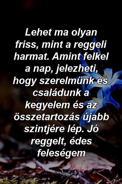 Lehet ma olyan friss, mint a reggeli harmat. Amint felkel a nap, jelezheti, hogy szerelmünk és családunk a kegyelem és az összetartozás újabb szintjére lép. Jó reggelt, édes feleségem