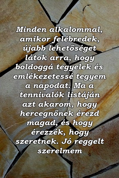 Minden alkalommal, amikor felébredek, újabb lehetőséget látok arra, hogy boldoggá tegyelek és emlékezetessé tegyem a napodat. Ma a tennivalók listáján azt akarom, hogy hercegnőnek érezd magad, és hogy érezzék, hogy szeretnek. Jó reggelt szerelmem