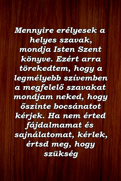 Mennyire erélyesek a helyes szavak, mondja Isten Szent könyve. Ezért arra törekedtem, hogy a legmélyebb szívemben a megfelelő szavakat mondjam neked, hogy őszinte bocsánatot kérjek. Ha nem érted fájdalmamat és sajnálatomat, kérlek, értsd meg, hogy szükség