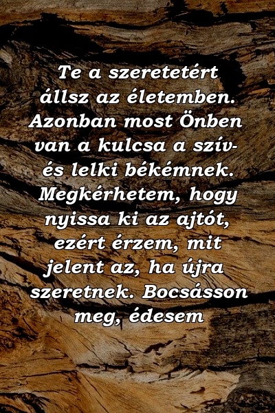 Te a szeretetért állsz az életemben. Azonban most Önben van a kulcsa a szív- és lelki békémnek. Megkérhetem, hogy nyissa ki az ajtót, ezért érzem, mit jelent az, ha újra szeretnek. Bocsásson meg, édesem