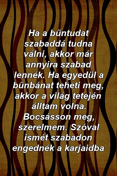 Ha a bűntudat szabaddá tudna válni, akkor már annyira szabad lennék. Ha egyedül a bűnbánat teheti meg, akkor a világ tetején álltam volna. Bocsásson meg, szerelmem. Szóval ismét szabadon engednék a karjaidba