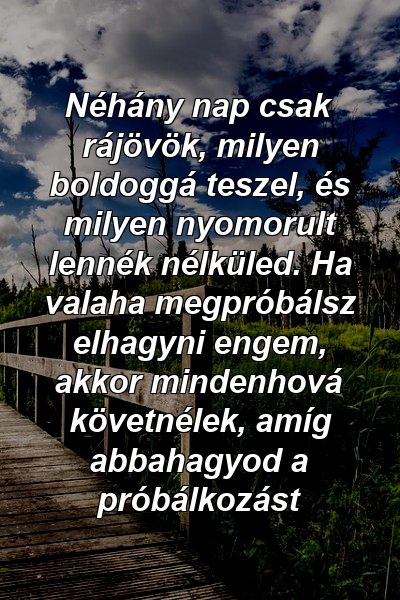 Néhány nap csak rájövök, milyen boldoggá teszel, és milyen nyomorult lennék nélküled. Ha valaha megpróbálsz elhagyni engem, akkor mindenhová követnélek, amíg abbahagyod a próbálkozást