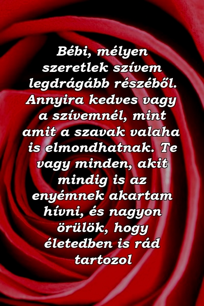 Bébi, mélyen szeretlek szívem legdrágább részéből. Annyira kedves vagy a szívemnél, mint amit a szavak valaha is elmondhatnak. Te vagy minden, akit mindig is az enyémnek akartam hívni, és nagyon örülök, hogy életedben is rád tartozol