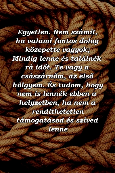 Egyetlen. Nem számít, ha valami fontos dolog közepette vagyok; Mindig lenne és találnék rá időt. Te vagy a császárnőm, az első hölgyem. És tudom, hogy nem is lennék ebben a helyzetben, ha nem a rendíthetetlen támogatásod és szíved lenne