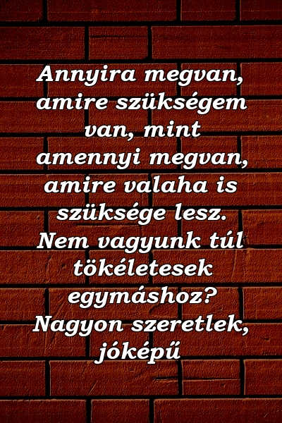 Annyira megvan, amire szükségem van, mint amennyi megvan, amire valaha is szüksége lesz. Nem vagyunk túl tökéletesek egymáshoz? Nagyon szeretlek, jóképű