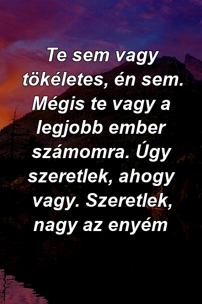 Te sem vagy tökéletes, én sem. Mégis te vagy a legjobb ember számomra. Úgy szeretlek, ahogy vagy. Szeretlek, nagy az enyém