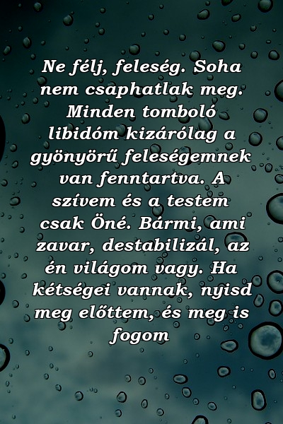 Ne félj, feleség. Soha nem csaphatlak meg. Minden tomboló libidóm kizárólag a gyönyörű feleségemnek van fenntartva. A szívem és a testem csak Öné. Bármi, ami zavar, destabilizál, az én világom vagy. Ha kétségei vannak, nyisd meg előttem, és meg is fogom