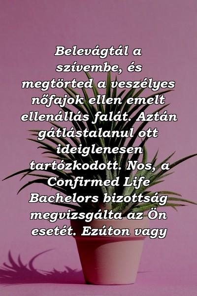 Belevágtál a szívembe, és megtörted a veszélyes nőfajok ellen emelt ellenállás falát. Aztán gátlástalanul ott ideiglenesen tartózkodott. Nos, a Confirmed Life Bachelors bizottság megvizsgálta az Ön esetét. Ezúton vagy