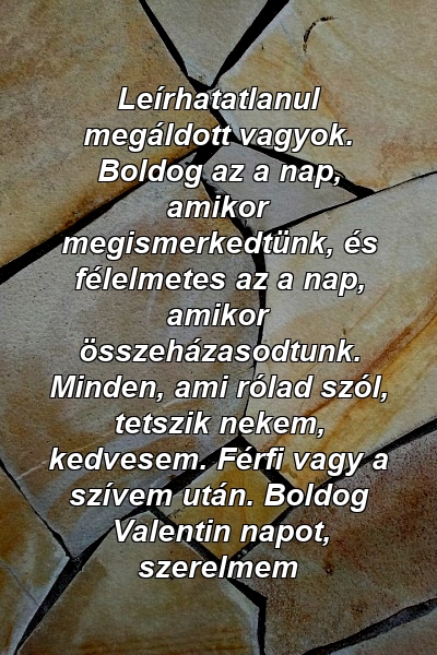 Leírhatatlanul megáldott vagyok. Boldog az a nap, amikor megismerkedtünk, és félelmetes az a nap, amikor összeházasodtunk. Minden, ami rólad szól, tetszik nekem, kedvesem. Férfi vagy a szívem után. Boldog Valentin napot, szerelmem