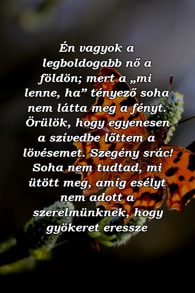 Én vagyok a legboldogabb nő a földön; mert a „mi lenne, ha” tényező soha nem látta meg a fényt. Örülök, hogy egyenesen a szívedbe lőttem a lövésemet. Szegény srác! Soha nem tudtad, mi ütött meg, amíg esélyt nem adott a szerelmünknek, hogy gyökeret eressze