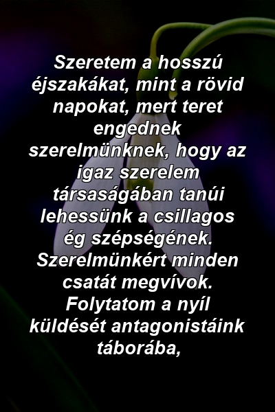 Szeretem a hosszú éjszakákat, mint a rövid napokat, mert teret engednek szerelmünknek, hogy az igaz szerelem társaságában tanúi lehessünk a csillagos ég szépségének. Szerelmünkért minden csatát megvívok. Folytatom a nyíl küldését antagonistáink táborába, 