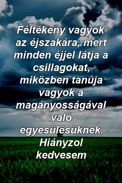 Féltékeny vagyok az éjszakára, mert minden éjjel látja a csillagokat, miközben tanúja vagyok a magányosságával való egyesülésüknek. Hiányzol kedvesem