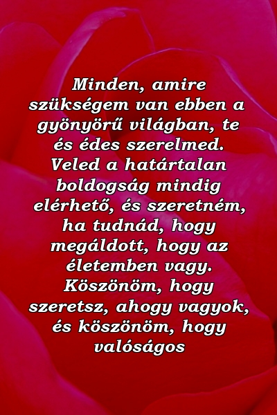 Minden, amire szükségem van ebben a gyönyörű világban, te és édes szerelmed. Veled a határtalan boldogság mindig elérhető, és szeretném, ha tudnád, hogy megáldott, hogy az életemben vagy. Köszönöm, hogy szeretsz, ahogy vagyok, és köszönöm, hogy valóságos 