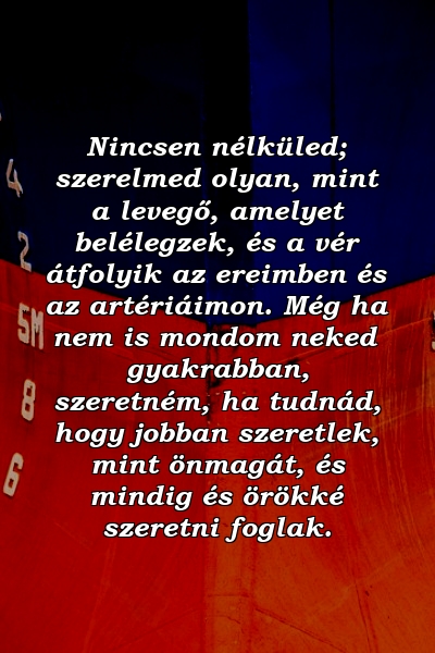 Nincsen nélküled; szerelmed olyan, mint a levegő, amelyet belélegzek, és a vér átfolyik az ereimben és az artériáimon. Még ha nem is mondom neked gyakrabban, szeretném, ha tudnád, hogy jobban szeretlek, mint önmagát, és mindig és örökké szeretni foglak.