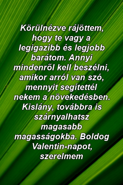 Körülnézve rájöttem, hogy te vagy a legigazibb és legjobb barátom. Annyi mindenről kell beszélni, amikor arról van szó, mennyit segítettél nekem a növekedésben. Kislány, továbbra is szárnyalhatsz magasabb magasságokba. Boldog Valentin-napot, szerelmem