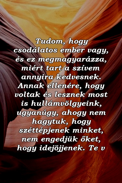 Tudom, hogy csodálatos ember vagy, és ez megmagyarázza, miért tart a szívem annyira kedvesnek. Annak ellenére, hogy voltak és lesznek most is hullámvölgyeink, ugyanúgy, ahogy nem hagytuk, hogy széttépjenek minket, nem engedjük őket, hogy idejöjjenek. Te v