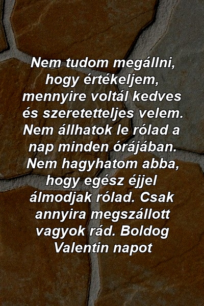 Nem tudom megállni, hogy értékeljem, mennyire voltál kedves és szeretetteljes velem. Nem állhatok le rólad a nap minden órájában. Nem hagyhatom abba, hogy egész éjjel álmodjak rólad. Csak annyira megszállott vagyok rád. Boldog Valentin napot