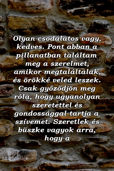 Olyan csodálatos vagy, kedves. Pont abban a pillanatban találtam meg a szerelmet, amikor megtaláltalak, és örökké veled leszek. Csak győződjön meg róla, hogy ugyanolyan szeretettel és gondossággal tartja a szívemet. Szeretlek és büszke vagyok arra, hogy a