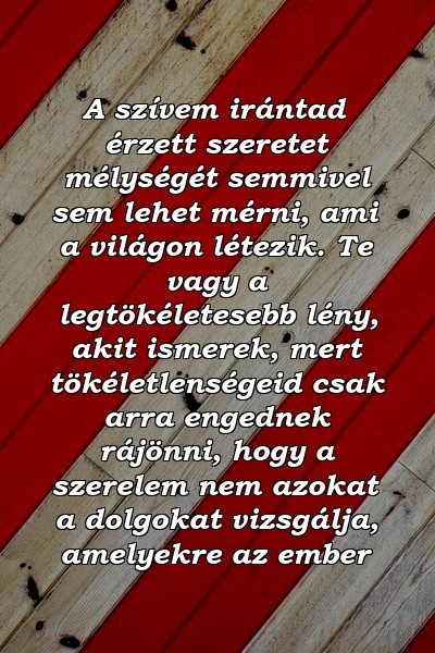 A szívem irántad érzett szeretet mélységét semmivel sem lehet mérni, ami a világon létezik. Te vagy a legtökéletesebb lény, akit ismerek, mert tökéletlenségeid csak arra engednek rájönni, hogy a szerelem nem azokat a dolgokat vizsgálja, amelyekre az ember