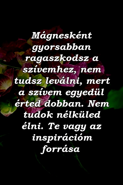 Mágnesként gyorsabban ragaszkodsz a szívemhez, nem tudsz leválni, mert a szívem egyedül érted dobban. Nem tudok nélküled élni. Te vagy az inspirációm forrása