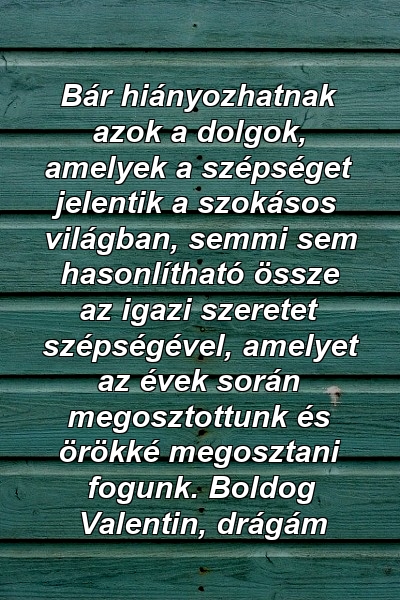 Bár hiányozhatnak azok a dolgok, amelyek a szépséget jelentik a szokásos világban, semmi sem hasonlítható össze az igazi szeretet szépségével, amelyet az évek során megosztottunk és örökké megosztani fogunk. Boldog Valentin, drágám