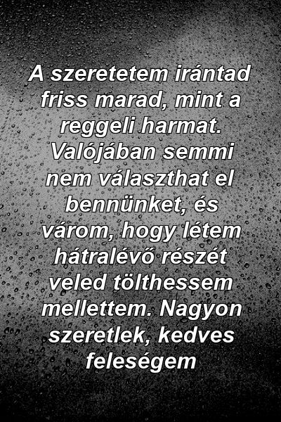 A szeretetem irántad friss marad, mint a reggeli harmat. Valójában semmi nem választhat el bennünket, és várom, hogy létem hátralévő részét veled tölthessem mellettem. Nagyon szeretlek, kedves feleségem