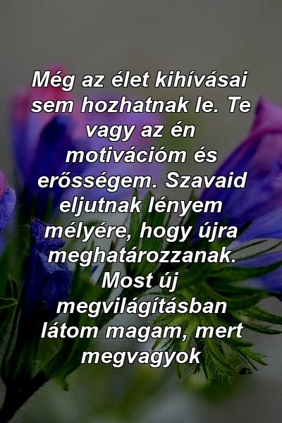 Még az élet kihívásai sem hozhatnak le. Te vagy az én motivációm és erősségem. Szavaid eljutnak lényem mélyére, hogy újra meghatározzanak. Most új megvilágításban látom magam, mert megvagyok